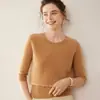 Camiseta de punto de cachemir trenzado de manga tres cuartos con cuello redondo para mujer, Suéter de cachemir elegante de manga media suave y ceroso