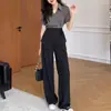 Conjunto de Dos Piezas para Mujer Verano 2026 Casual Negro y Gris de Alta Gama Color de Contraste Corte Ajustado Camisa + Pantalones Rectos de Cintura Alta Adelgazantes