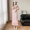 Conjunto de Duas Peças Estilo Miyake com Plissados Tridimensionais para Mulheres, Verão, Sem Mangas, Floral, Cintura Alta, Saia Longa em Camadas Duplas