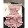 Pijama rosa dulce y femenino con almohadillas en el pecho para mujer, nuevo estilo verano 2026, conjunto de camisola y shorts para casa, apto para salir