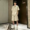 Traje de Shorts de Manga Corta Estilo Hong Kong Nuevo Estilo de Verano Talla Grande Holgado Color Sólido Camisa de Lino Traje Casual para Hombre