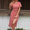 100% RopaComercio Transfronterizo de Amazon Retro Europeo y Americano Dulce Verano Cuello en V Floral Abertura Vestido
