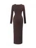 Vestido de Punto para Mujer, Marrón Oscuro, Escote Diagonal, Decoración con Anillo Metálico, Abertura Lateral, Vestido de Manga Larga, Nuevo Estilo Verano 2026