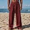 2025 Novo Algodão Linho Europeu e Americano Transfronteiriço Masculino Plus Size Solto Cor Sólida Casual Calça Longa com Cordão