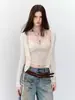 VIAPITI Camisola com Renda Jacquard Falsa de Duas Peças com Decote V e Amarração em Tencel