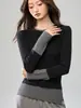 # Camiseta de Algodão Penteado Número 40 # Listras de Emenda Projetadas Falso Duas Peças Manga Longa Camiseta Feminina Camisa de Base Outono Top Exterior
