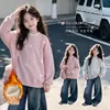 Sudadera con forro de forro polar para niñas 2026 nuevo estilo coreano de otoño e invierno, top de cuello redondo con corazón para niños mayores, engrosada y cálida con forro de lana de cordero