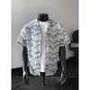 Camisa de Manga Curta com Design de Cor Contrastante Texturizado Vazado Estilo Feriado Estilo Coreano Camisa Casual Solta de Verão para Homens