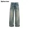 Jeans Rectos Vintage Lavados Estilo Retro Americano con Efectos de Bigotes, Marca de Moda Unisex Corte Holgado Versátiles Pantalones Largos