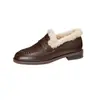 Mocasines de Terciopelo de Invierno para Niñas, Nuevo Estilo Preppy Británico, Tacón Grueso, Tacón Bajo, Piel de Vaca Tejida, Zapatos Pequeños de Cuero Cálidos