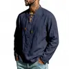 Camisa Henley de lino para hombre, color liso vintage, manga larga, corte holgado, casual, para playa, con cordón, cuello mao, europea y americana, para primavera/otoño