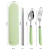 Set de Cubiertos Portátil Acero Inoxidable Cuchara, Palillos, Tenedor, Hogar Estudiante Plástico Mango Curvo Cubiertos Set de Tres Piezas para Ventas Transfronterizas