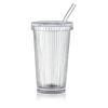Vaso de Vidrio Simple con Rayas Verticales Estilo Ins Transfronterizo con Tapa y Tubo de Succión, Taza de Alto Valor de Color para Jugo, Leche, Café, Bebida, Vaso Frío