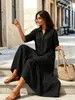 Vestido casual feminino transfronteiriço de cor sólida, estilo preguiçoso, com gola de camisa, design de botão torcido e barra com babados