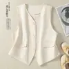 Foto real de chaleco original de algodón puro con cuello en V para mujer, estilo corto de otoño para figuras petite, top de chaleco elegante para superponer