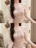 Top feminino de outono cedo, cor sólida, design fino e simples, manga longa, estilo ins, gola semiaberta, corte justo com acabamento franzido