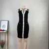 Vestido de punto sin mangas con botones de color block de alta gama estilo francés para mujer, vestido bodycon chic de verano ajustado