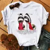 Europeia e Americana de manga curta de verão feminina rosa salto alto estampada camiseta camiseta branca de manga curta camiseta feminina plus size