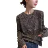 Otoño Nueva Moda Coreana Ins Retro Versátil Delgado Top Interior Estampado de Leopardo Camiseta de Manga Larga Camiseta Básica