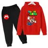 Sudadera con Estampado de Dibujos Animados Mario 2025 para Niños, Conjunto de Manga Larga, Primavera, Niños y Niñas, 2 Piezas Pantalón + Sudadera con Capucha