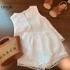 Conjunto de Verano para Bebé Niña Ningli Nuevo Estilo Coreano Chaleco de Encaje Bordado + Pantalones Cortos Conjunto de Dos Piezas Moderno para Niños Pequeños