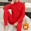 Traje de ropa interior térmica de terciopelo para hombre, año de nacimiento, otoño e invierno, color rojo vino, para mediana edad y ancianos, con forro polar, ropa de otoño, pantalones largos
