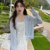 Vestido de tirantes de verano con cárdigan fino, suéter de punto de nuevo estilo, top tipo caftán calado para mujer, chaqueta con protección solar, algodón blanco