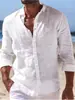 Camisa Blanca de Algodón y Lino Europeo para Hombre, Delgada, Transpirable, Corte Ajustado, Manga Larga, Protector Solar, Estilo Retro Americano, Camisa de Lino Arrugado