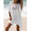 Moda europea y americana transfronteriza para mujer, vacaciones, ganchillo hecho a mano, patchwork, color liso, salida de playa, protección solar, sexy, holgado, cubierta