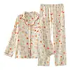 Estilo Novo Primavera e Outono 2026 Algodão Puro Crepe Pijama Feminino para Casa com Estampa Floral, Mangas Longas e Calças Longas, Pijama Amigo da Pele