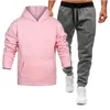 Conjunto Esportivo Masculino 220g com Capuz Cor Sólida Pulôver Duas Peças: Moletom com Capuz, Moletom e Calça de Moletom