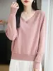 Suéter de Punto de Algodón Puro con Cuello en V de Manga Larga para Mujer, Color Sólido, Holgado, Jersey Base