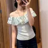 Camiseta de manga corta con volantes de lunares estilo francés sin hombros, nueva moda verano 2026, top para mujer