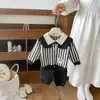 Conjunto de Ropa de Otoño para Bebé Niño con Etiqueta, Camisa de Rayas Verticales, Chaqueta, Top de Manga Larga y Pantalones Largos Conjunto de Dos Piezas, Ropa Elegante para Niños Pequeños