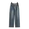 Foto Real de Pantalones Vaqueros de Color Sólido para Mujer, Cintura Elástica con Cordón, Elásticos, Estilo Otoño, Tallas Grandes, Tiro Alto, Pierna Recta Ancha Suelta, Algodón de Color