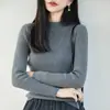 Elegante suéter de punto de algodón puro acanalado de cuello medio alto para mujer, de manga larga, corte ajustado, capa base favorecedora, suéter suave