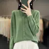 Cardigã de lã feminino de alta qualidade com estampa floral, gola redonda, corte solto, abotoado, tricô casual, peça externa branca