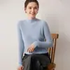 Camiseta básica 100% cachemira pura, nuevo estilo otoño e invierno, cuello semi-alto, corte ajustado, suéter de punto acanalado para mujer