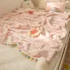 Manta de Terciopelo de Leche Estilo Ins, Manta Gruesa de Coral Fleece para Sofá de Invierno, Manta para Siesta en la Oficina, Manta Pequeña con Pompón