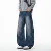 Jeans retrô azul xadrez desgastado para homens, outono, estilo americano high street, lavagem vintage, calça plissada de perna curva