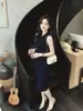 Vestido justo de malha sem mangas, deslumbrantemente bonito e único, com corte slim francês, azul marinho, gola polo, para mulheres, verão