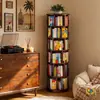 Estante de Livros Giratória Móvel de 360 Graus, Estante de Livros de Madeira Maciça, Prateleira de Armazenamento de Chão para Canto da Sala de Estar, Integrada na Parede