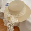 Sombrero de Paja Estilo Japonés para Mujer, Estilo Pastoral, Sombrero de Sol con Encaje de Copa Plana, Sombrero de Paja para Viaje, Sensación de Alta Gama, Sombrero para Mujer