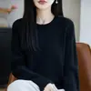 Nueva colección otoño/invierno 2026: Suéter de punto de algodón puro, cuello redondo, estilo japonés, color liso, corte holgado, efecto adelgazante, top básico versátil para mujer