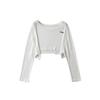 Camiseta de Color Sólido Estilo Ultra con Etiqueta de Letra y Dobladillo Irregular, Cuello Redondo, Manga Larga Holgada para Mujer, Estilo Artístico