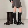 Botas de Caballero de Cuero Genuino 2026 Invierno, Tacón Medio, Punta Cuadrada Versátil, Circunferencia de Pantorrilla Pequeña, Botas Altas para Mujer