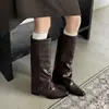 Versão em Couro~Salto Escondido de 5cm Bico Quadrado Elegantes Botas de Cano Alto para Mulheres Ultra-Minimalistas Afinando a Figura Petite Botas de Cano Reto Versáteis Botas Longas