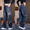 Jeans Estampado de Marca da Moda Novo Versátil Reto High Street Lavado Graffiti Design Pintado à Mão Solto Perna Larga Calças Longas
