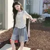 Conjunto de Verano para Niña: Conjunto de Camiseta de Lentejuelas y Shorts de Mezclilla de Dos Piezas Falsas, Nuevo Estilo 2026, Manga Corta Súper Elegante para Niñas en Verano