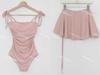 3 colores] estilo ins Corea del Sur nuevo vintage pecho tubo color sólido tirante fino traje de baño de una pieza de dos piezas falda de una pieza para mujer